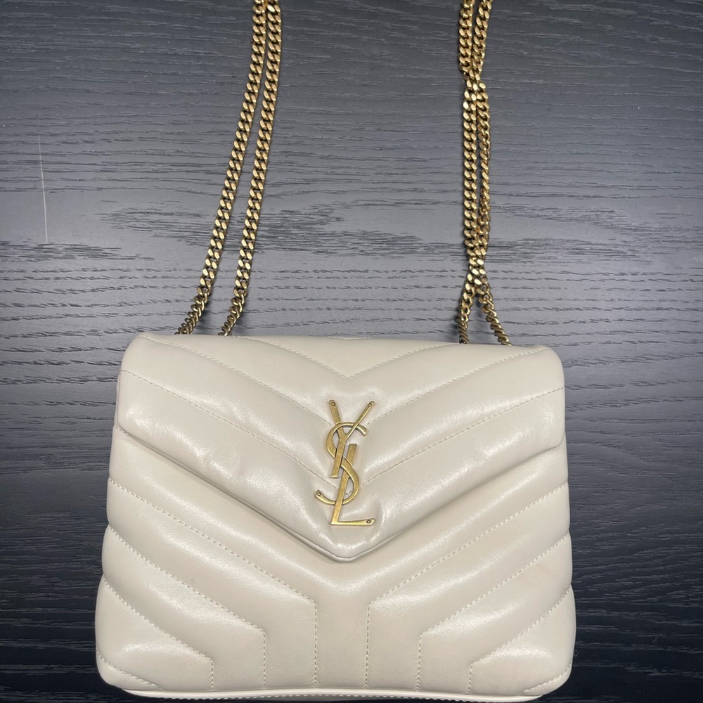 SOLD!!!! Yves Saint Laurent Lou Lou Small Cream Chevron Quilted Shoulder Bag